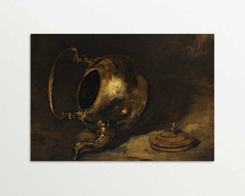 A vintage art print of a brass teapot on its side with its lid placed nearby, painted in warm golden tones on a dark background, capturing the reflective texture and rich patina of the metal. Perfect for moody interiors.