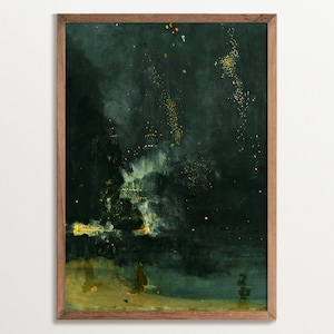 Landscape Painting Print of Nocturne in Black and Gold by James Abbott McNeill Whistler displayed in a wooden frame on a white wall. The dark art print features a night sky, with a moody atmosphere and a glittering cityscape in the background.