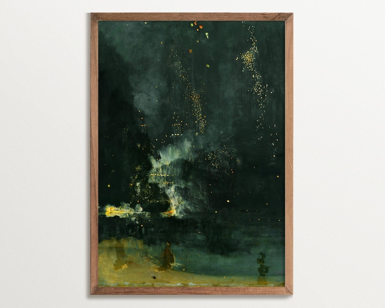 Landscape Painting Print of Nocturne in Black and Gold by James Abbott McNeill Whistler displayed in a wooden frame on a white wall. The dark art print features a night sky, with a moody atmosphere and a glittering cityscape in the background.