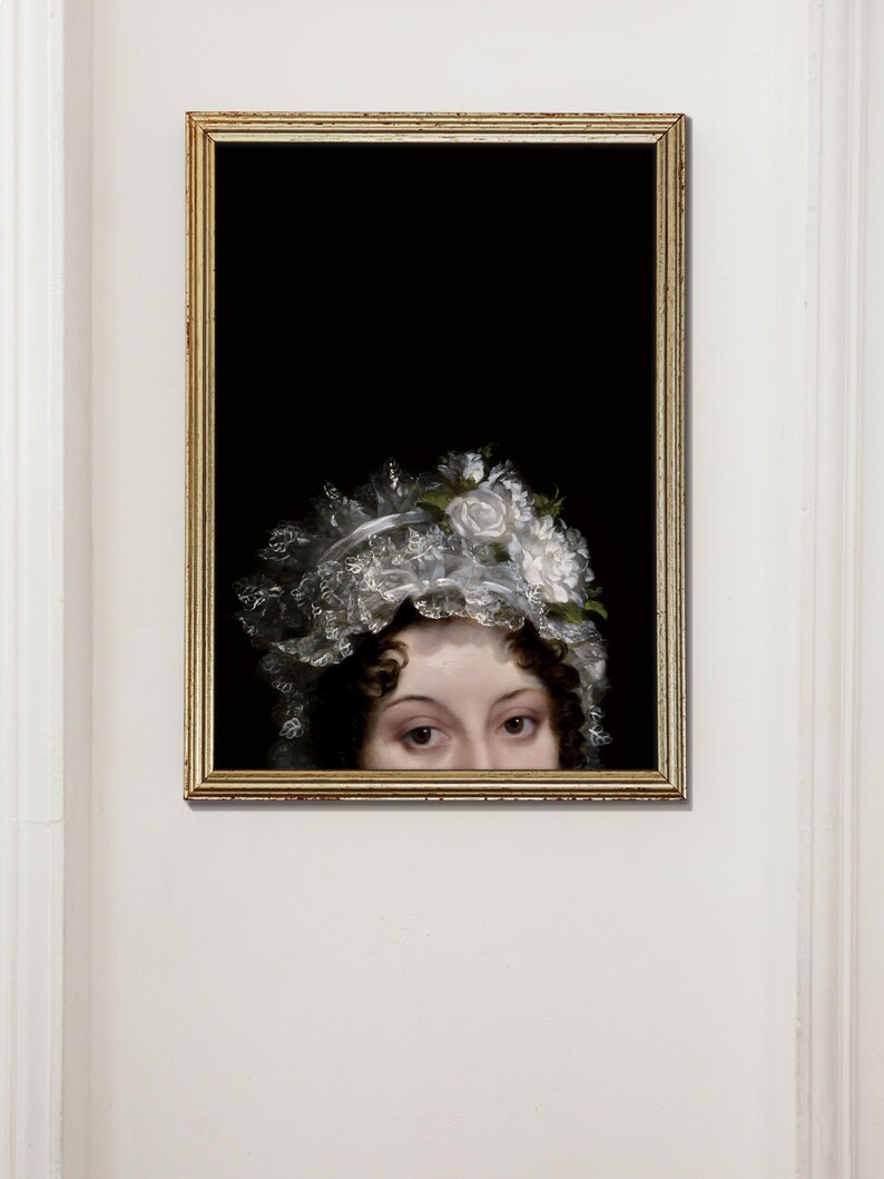 Altered art print showing the face of a woman at the bottom of the poster, her head can be seen from the nose up. She is wearing a lace bonnet with white flowers, the background is black. She is looking the viewer directly in the eye.