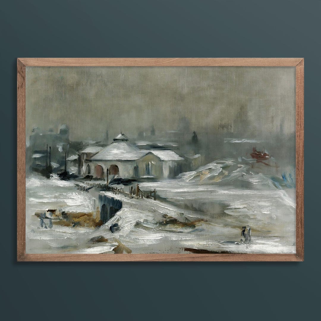 Moody Winter Landscape Art Print – Snowy Village Wall Decor, Vintage ...