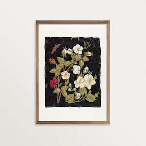 Vintage Floral Textile Art – Flowers on Black | Eclectic Wall Art | Cottagecore Decor