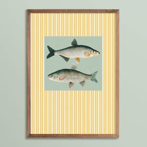 Vintage Fish Illustration with Retro Yellow Stripes – Cottagecore Kitchen Wall Art Print, Nautical Coastal Decor, French Country Wall Art