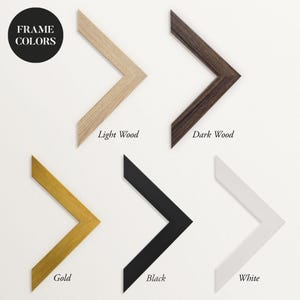 Info image showing available frame colors for framed art prints and wall art. Five frame corner samples in light wood, dark wood, gold, black and white finishes displayed on a light background.