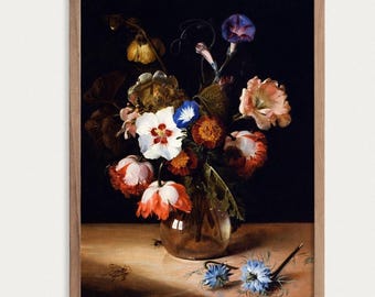 Impression de nature morte florale vintage, oeuvre d'art murale Dark Academia