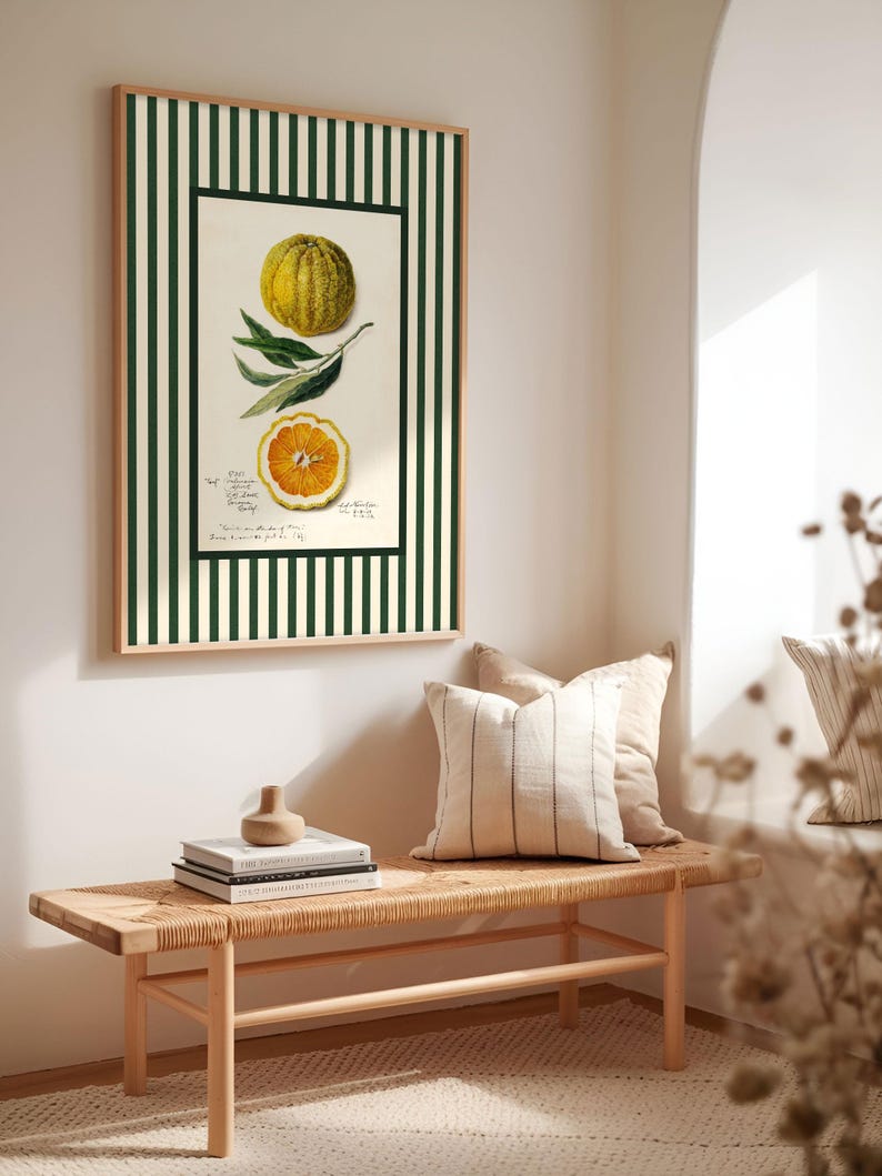 Framed vintage orange illustration with green stripes on the wall above a woven bench and stacked books. Soft morning light highlights the citrus art's freshness and retro charm.