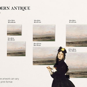 May include: A print size guide for a painting of a seascape with a woman in a black dress and a yellow hat. The guide shows different sizes in inches and centimeters.