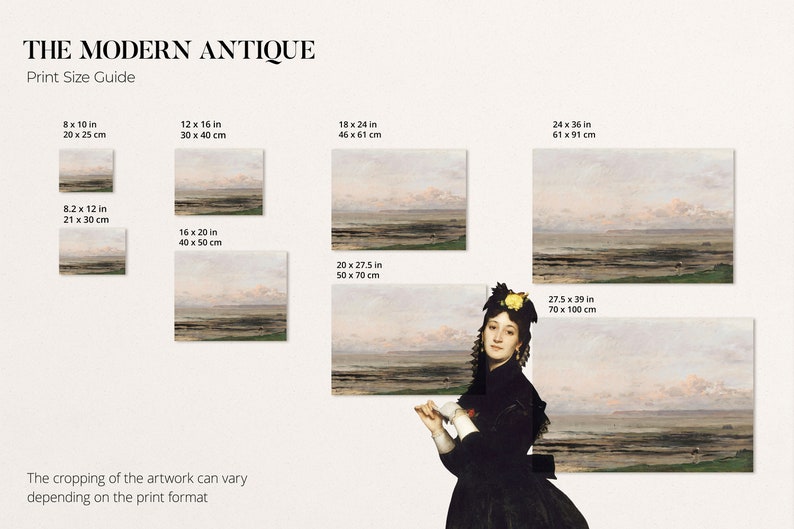 May include: A print size guide for a painting of a seascape with a woman in a black dress and a yellow hat. The guide shows different sizes in inches and centimeters.