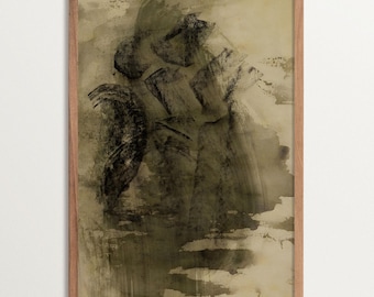 May include: Abstract art print in a brown frame. The print features a black and white abstract design on a beige background.