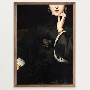 Altered art print showing a woman sitting on a sofa, she is wearing a black Victorian dress, a gold bracelet and gold earrings, her face is visible from the nose down, she is holding her left hand to her chin.