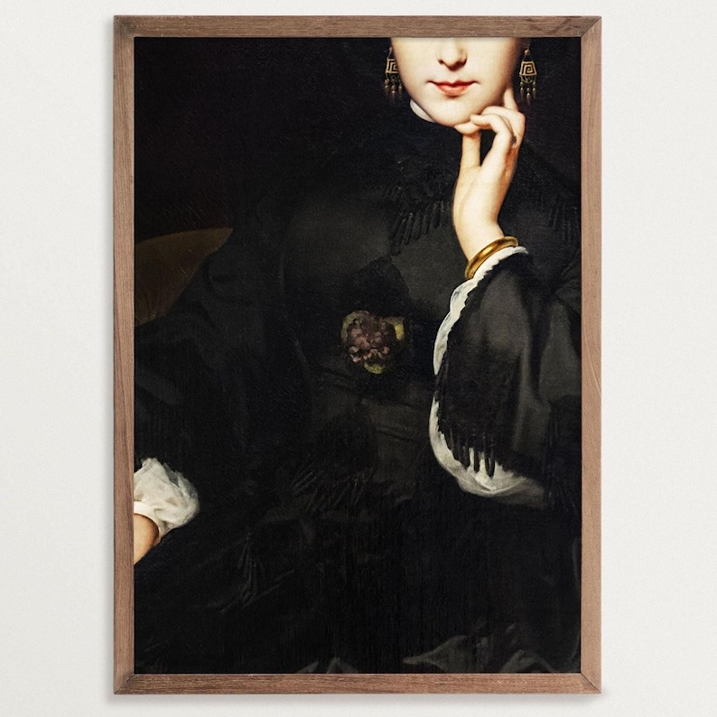 Altered art print showing a woman sitting on a sofa, she is wearing a black Victorian dress, a gold bracelet and gold earrings, her face is visible from the nose down, she is holding her left hand to her chin.