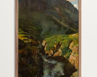 Vintage Berglandschaft Gemälde, Fluss Schlucht Kunstdruck, antike Stil Wand-Dekor