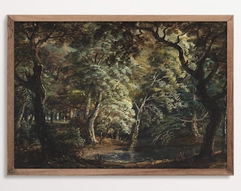 Sfeervolle boslandschapskunstprint, sfeervol bos muurdecor, vintage geïnspireerde natuurkunstwerken voor rustieke en moderne ruimtes