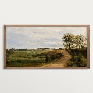 Panoramic Wall Art, Antique Landscape Painting Print, Farmhouse Wall Art