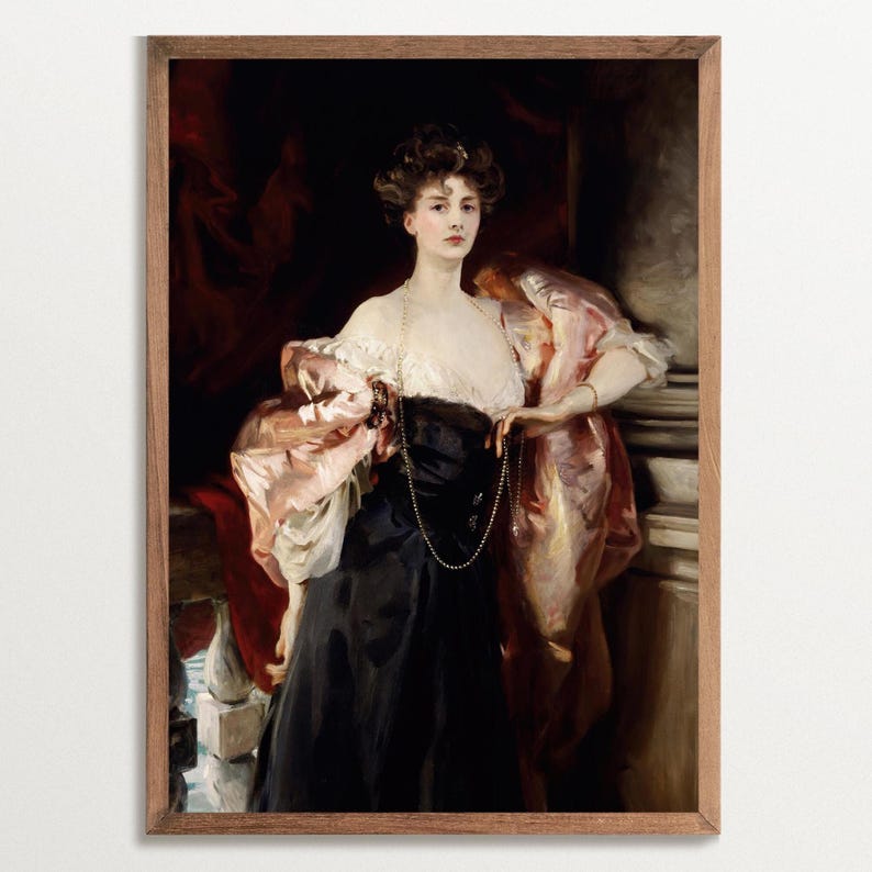 Victorian painting print of Lady Helen Vincent by John Singer Sargent. Her black dress accentuates her milk-white skin. She wears a voluminous pink stole around her shoulders and the fingers of her left hand play with the pearls of her long necklace.