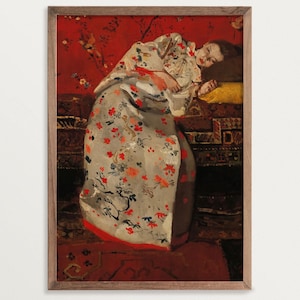 Moody Portrait Print - Girl in White Kimono | Modern Antique Prints | Antique Oil Painting Print