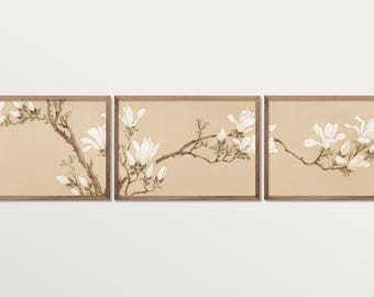 Juego de 3 impresiones de pintura de magnolia, póster tríptico botánico vintage, obra de arte wabi sabi