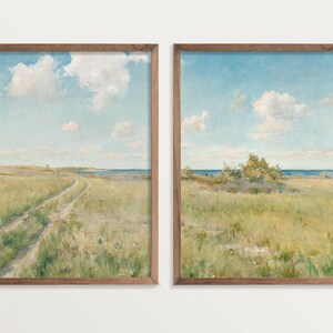 May include: Two framed landscape paintings depicting a grassy field with a dirt path leading to a body of water. The sky is blue with white clouds. The paintings are in wooden frames.