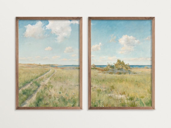 Set of Two Prints – Meadow Painting | Vintage Landscape Painting | French Country Wall Decor