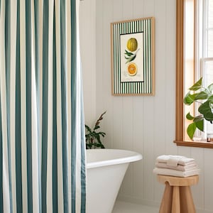 Vintage orange fruit print with green stripes framed and hanging in a cozy bathroom with a striped shower curtain. Adds a fresh, citrus-inspired accent to a cottagecore interior.