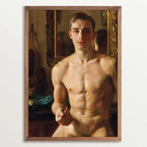 Male nude painting print showing a naked young man standing at a chest of drawers, only his upper body is visible, in the background is a mirror and on the left are boxing gloves hanging on the wall.