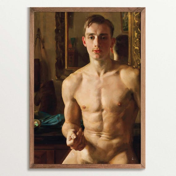 Male Nude Painting Print - The Boxer | Vintage Portrait Print, Dark Academia Decor