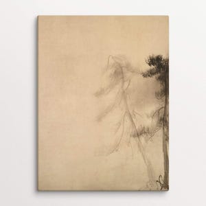 Minimalist wabi-sabi canvas art featuring a subtle sketch of pine trees, textured cotton surface, and earthy tones, evoking tranquility and simplicity.