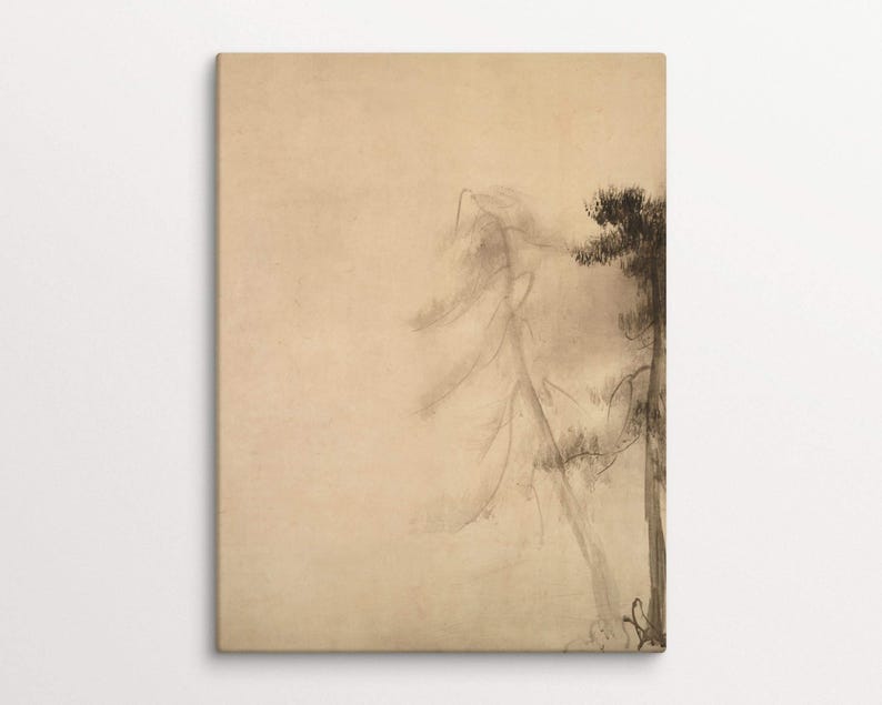 Minimalist wabi-sabi canvas art featuring a subtle sketch of pine trees, textured cotton surface, and earthy tones, evoking tranquility and simplicity.
