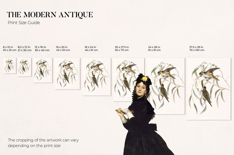 Size guide from Modern Antique Prints with the available size options for the art print.
