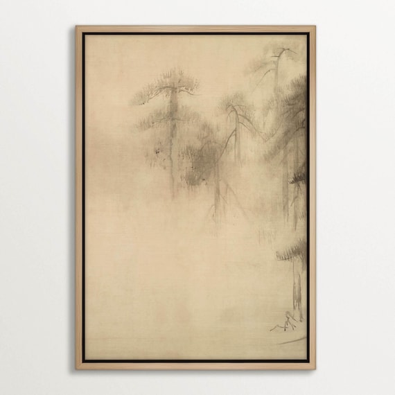 Zen Ink Landscape Canvas Print, Japanese Minimalist Wall Art, Wabi-Sabi Decor, Tranquil Nature Art, Framed Wall Art, Pine Tree Drawing