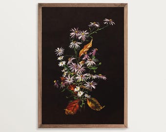 Art mural floral foncé - Bouquet d'automne | Impression florale de mauvaise humeur, art mural vintage, décor Dark Academia