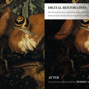 Puede incluir: Antes y despu&eacute;s de la restauraci&oacute;n digital de una pintura de un caracol en un hongo. El proceso de restauraci&oacute;n ha eliminado la suciedad y los ara&ntilde;azos de la pintura, revelando los detalles y colores originales.