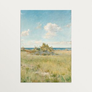 May include: A painting of a grassy field with a small group of trees in the foreground. The sky is blue with white clouds and the ocean is visible in the distance.