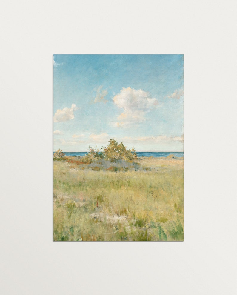 May include: A painting of a grassy field with a small group of trees in the foreground. The sky is blue with white clouds and the ocean is visible in the distance.