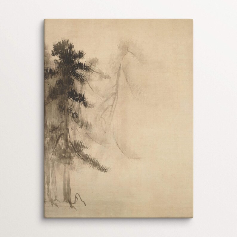 Canvas print of a traditional Japanese sumi-e painting with pine trees in soft ink washes. The aged parchment-like background enhances the timeless, wabi-sabi aesthetic.