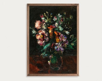 Moody Flowers Still Life | Vintage Oil Painting Print | Bouquet Print