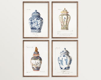 Gallery Wall Set French Chinoiserie Ginger Jar Prints | Set of 4 Wall Art | Vintage Asian Art | Chinoiserie Poster