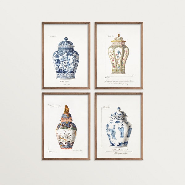 Gallery Wall Set French Chinoiserie Ginger Jar Prints | Set of 4 Wall Art | Vintage Asian Art | Chinoiserie Poster