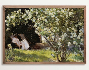 Light Academia Woman Reading Art Print, Cottagecore Decor, Vintage Garden Print