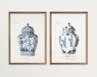 Set of Two Prints – Blue Chinoiserie Vase Prints | Vintage Asian Wall Art | Chinoiserie Ginger Jar Art | Wall Art Set
