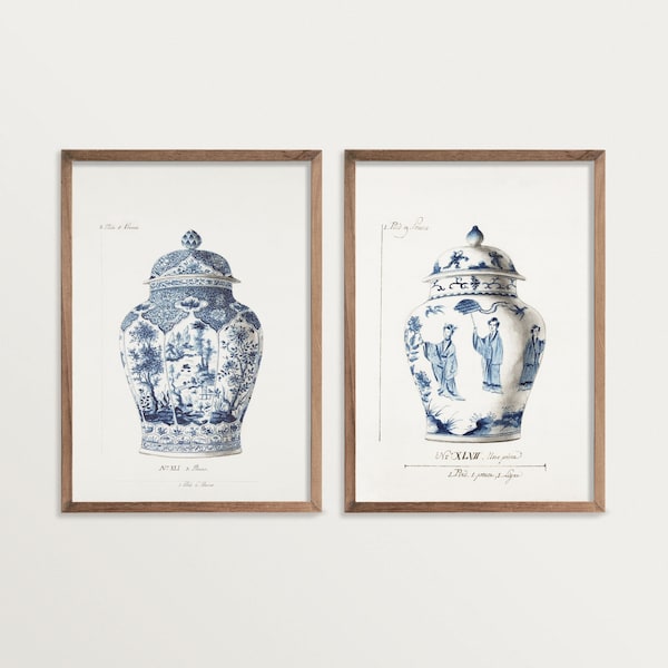 Set of Two Prints – Blue Chinoiserie Vase Prints | Vintage Asian Wall Art | Chinoiserie Ginger Jar Art | Wall Art Set