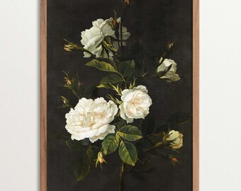 Vintage White Rose Art Print, Dark Academia Botanical Wall Decor
