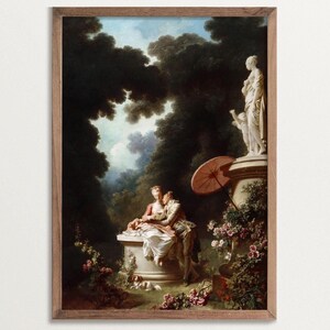 Rococo Art Print of The Progress of Love: The Love Letters by Jean-Honoré Fragonard. Showing a young couple at center with grand sculpture and a  charming parasol on right, enjoying a private moment on sculptured stand.