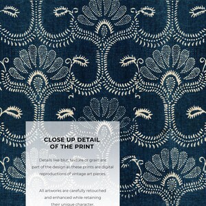 May include: A close-up detail of a blue and white patterned fabric print. The print features a repeating floral design with intricate details. The text "CLOSE UP DETAIL OF THE PRINT" is visible at the top of the image. Details like blur, texture or grain are part of the design as these prints are digital reproductions of vintage art pieces. All artworks are carefully retouched and enhanced while retaining their unique character. Actual colours may vary slightly as each monitor displays colours differently.
