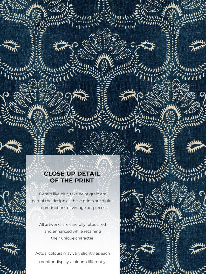 May include: A close-up detail of a blue and white patterned fabric print. The print features a repeating floral design with intricate details. The text "CLOSE UP DETAIL OF THE PRINT" is visible at the top of the image. Details like blur, texture or grain are part of the design as these prints are digital reproductions of vintage art pieces. All artworks are carefully retouched and enhanced while retaining their unique character. Actual colours may vary slightly as each monitor displays colours differently.