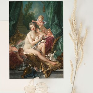 May include: A painting of a woman reclining on a couch with two cherubs. The woman is nude and has long, flowing hair. The cherubs are dressed in white and are holding a dove. The painting is set in a lush garden with green foliage and a blue sky.