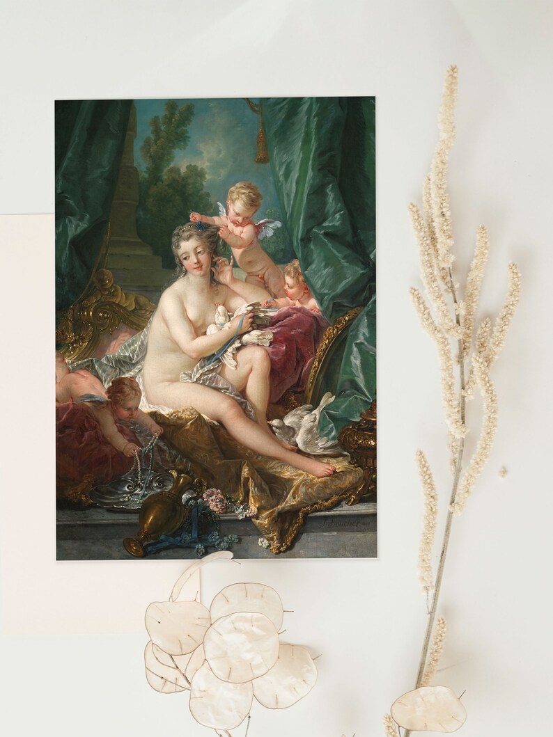 May include: A painting of a woman reclining on a couch with two cherubs. The woman is nude and has long, flowing hair. The cherubs are dressed in white and are holding a dove. The painting is set in a lush garden with green foliage and a blue sky.