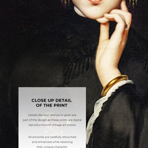 May include: Close-up detail of a vintage art print showing a woman's face and hand. The print has a textured look and the woman is wearing a gold bracelet and earrings.