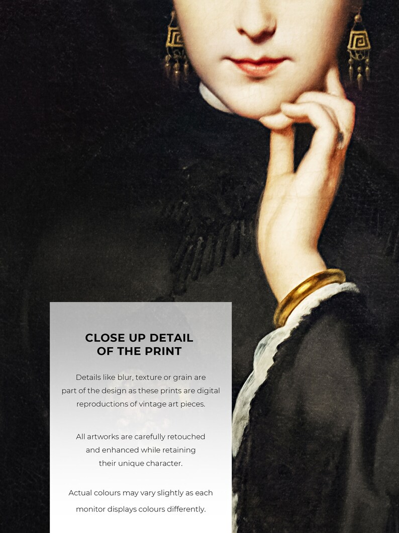 May include: Close-up detail of a vintage art print showing a woman's face and hand. The print has a textured look and the woman is wearing a gold bracelet and earrings.