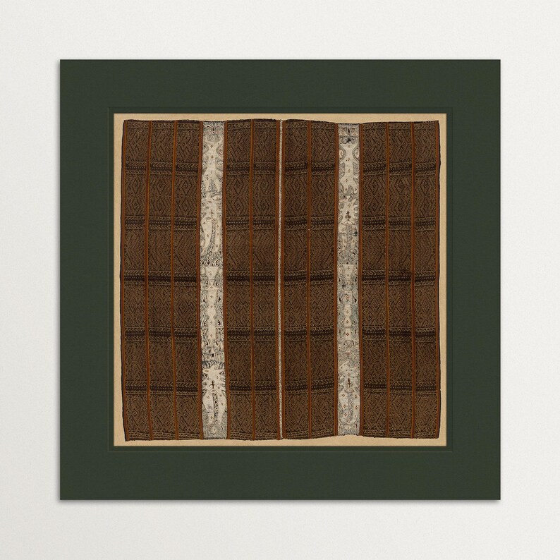Unframed textile wall art print with brown and cream woven geometric patterns, presented in a square format with a dark green border.